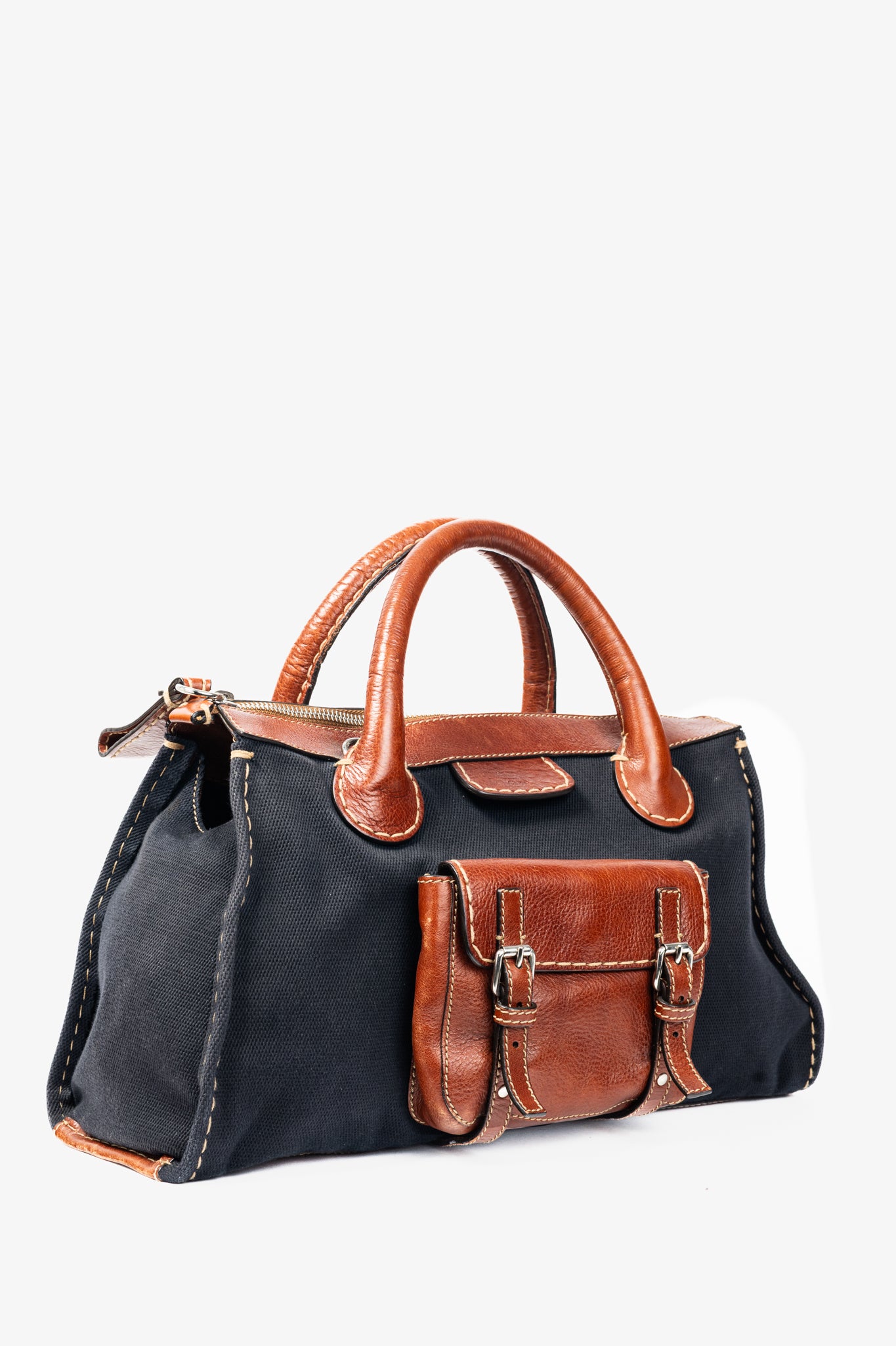 Chloe Edith Navy Canvas & Leather Trim Tote