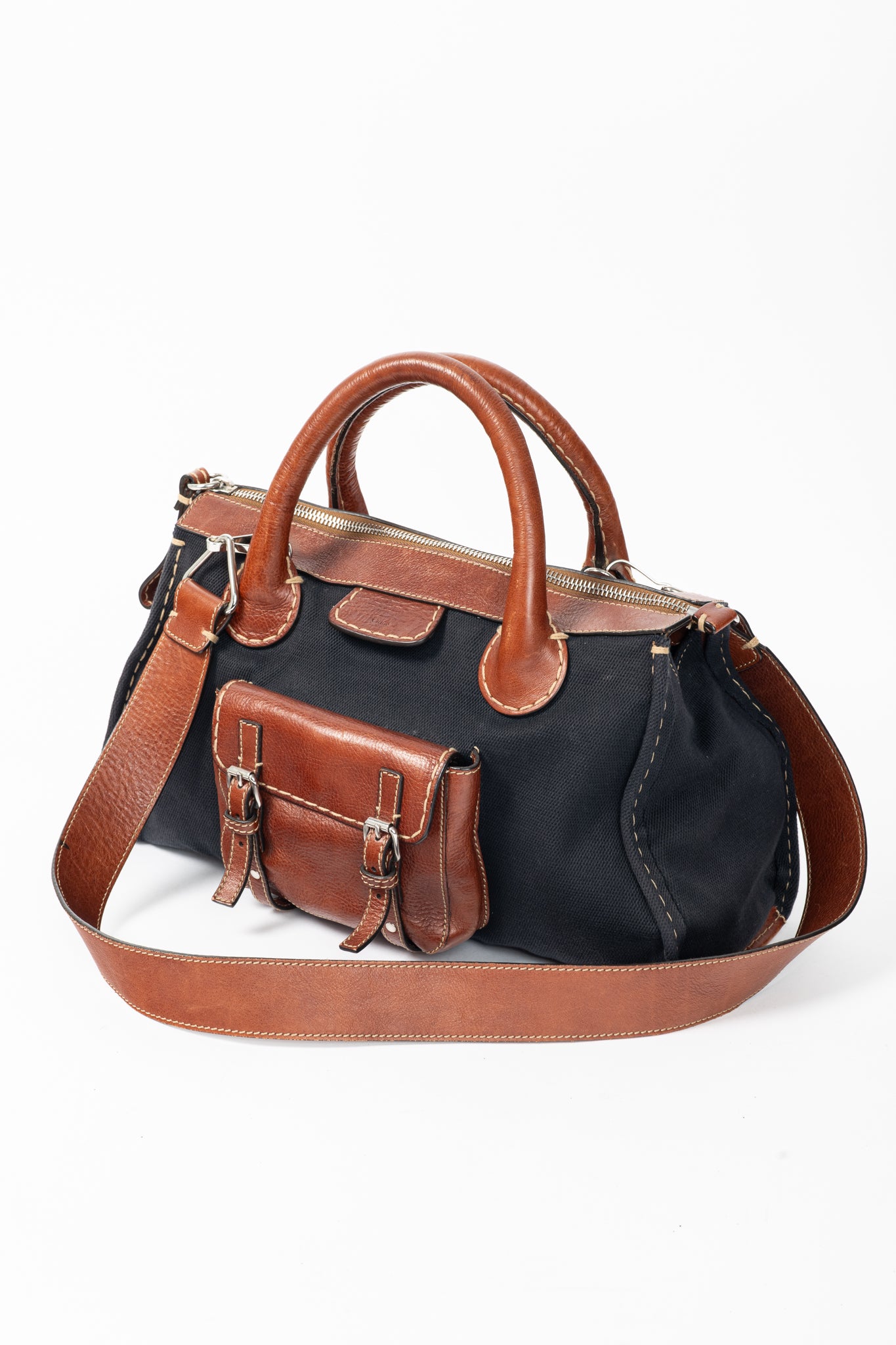 Chloe Edith Navy Canvas & Leather Trim Tote