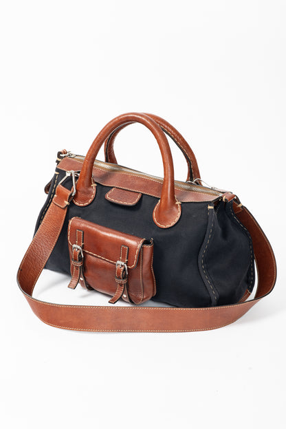 Chloe Edith Navy Canvas & Leather Trim Tote