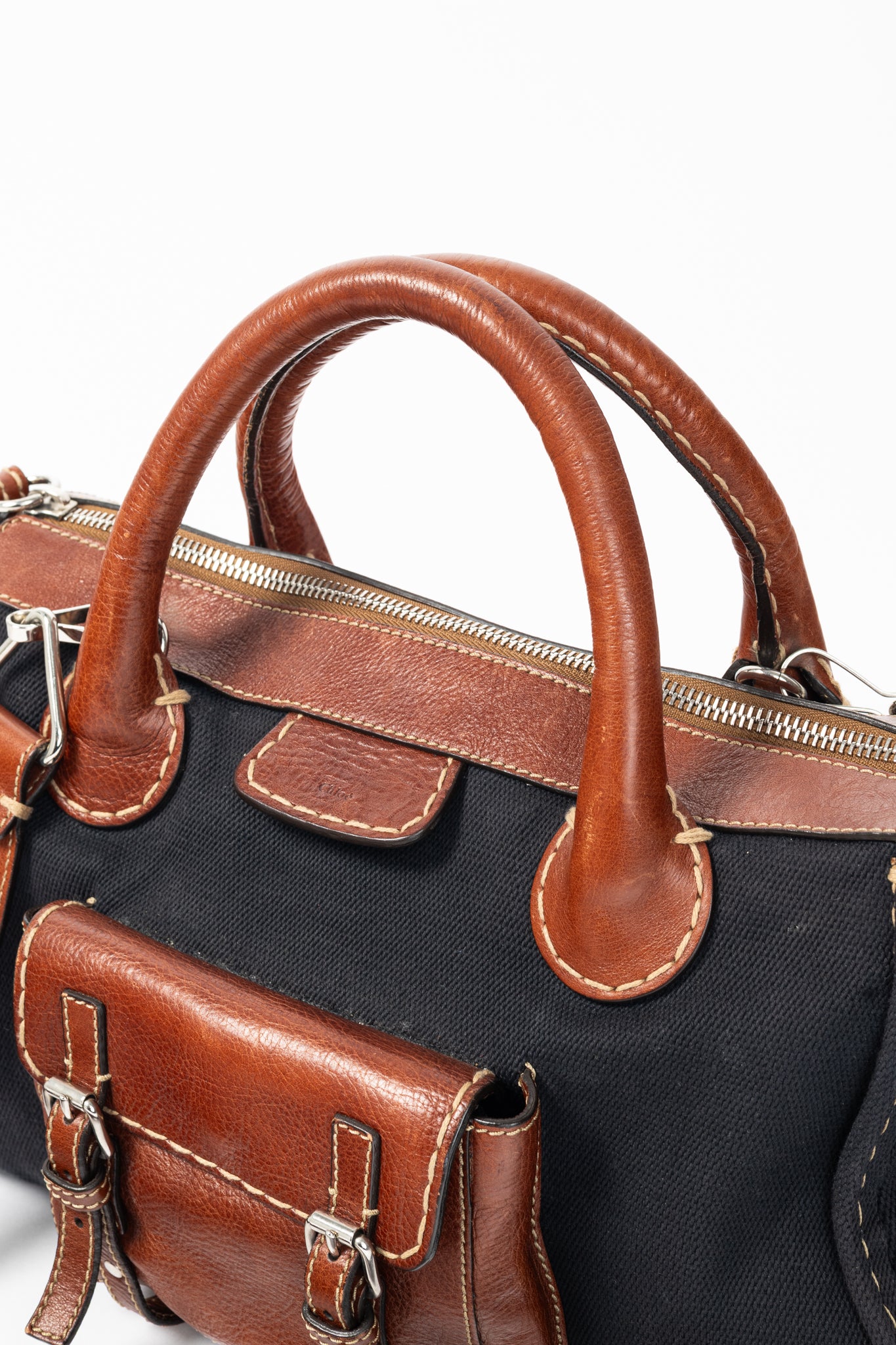 Chloe Edith Navy Canvas & Leather Trim Tote