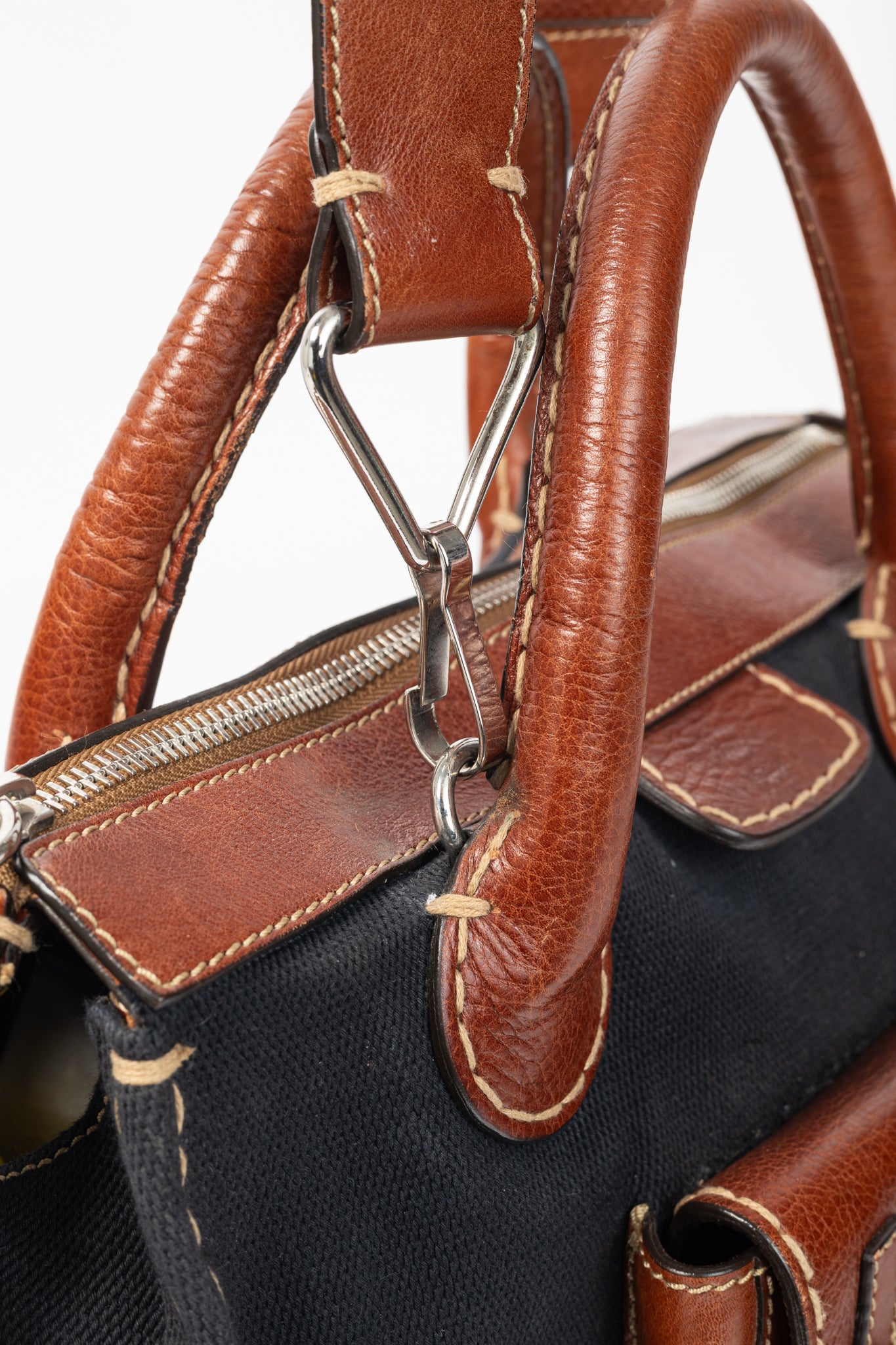 Chloe Edith Navy Canvas & Leather Trim Tote