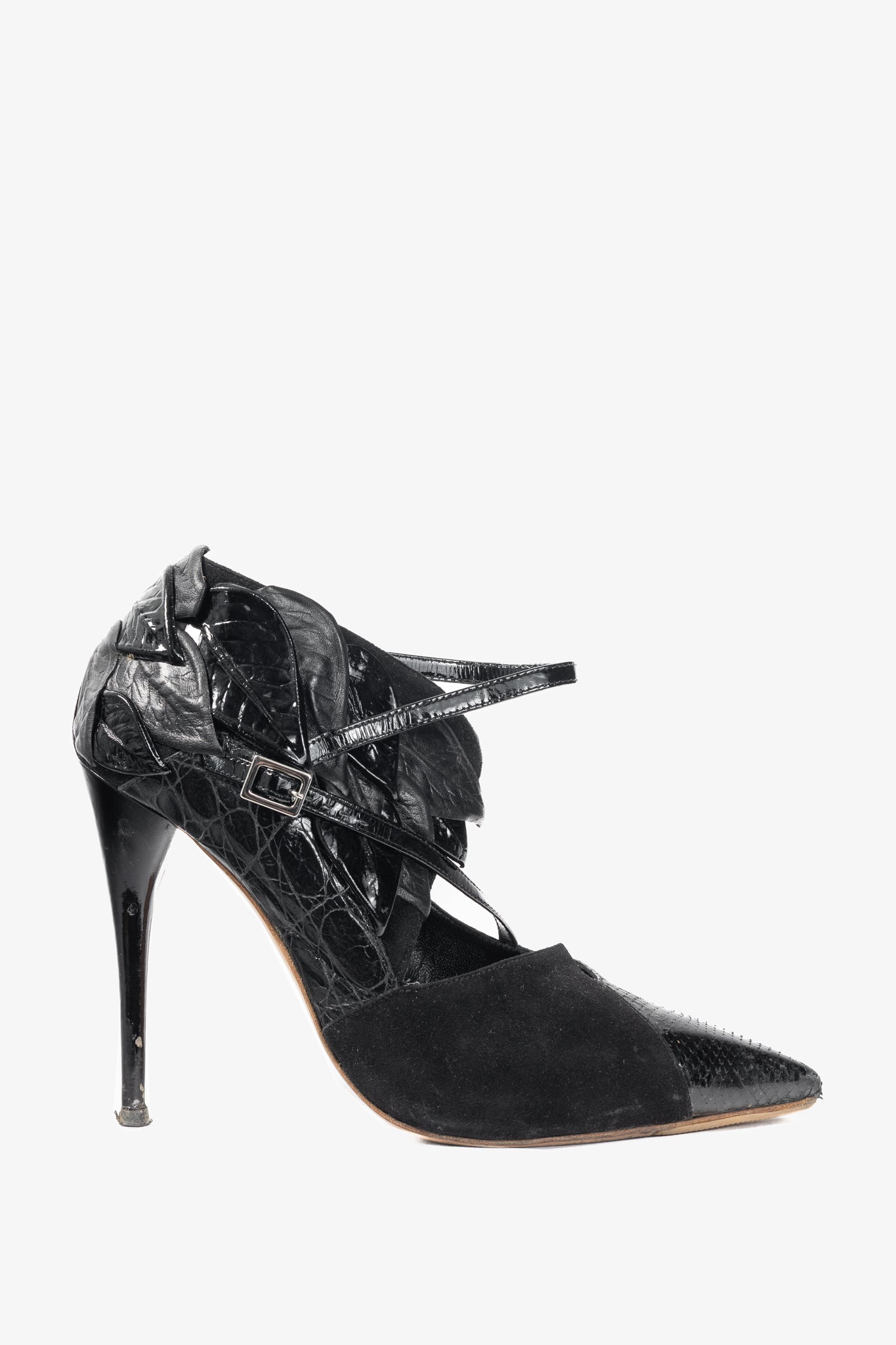 Chloe AW08 Runway Black Snake-Embossed, Suede & Leaf-Applique Heels