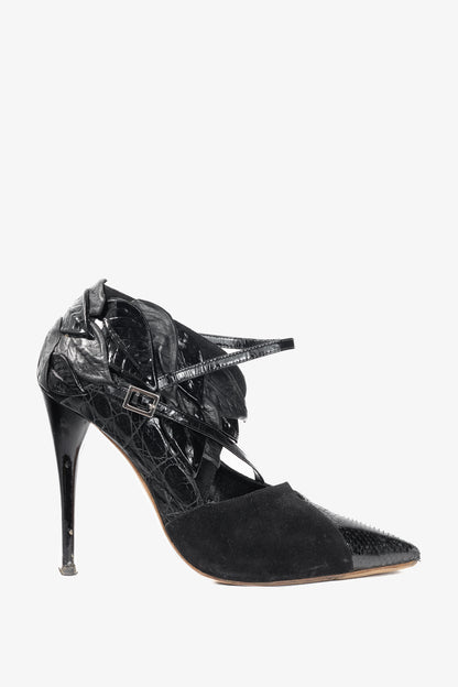Chloe AW08 Runway Black Snake-Embossed, Suede & Leaf-Applique Heels