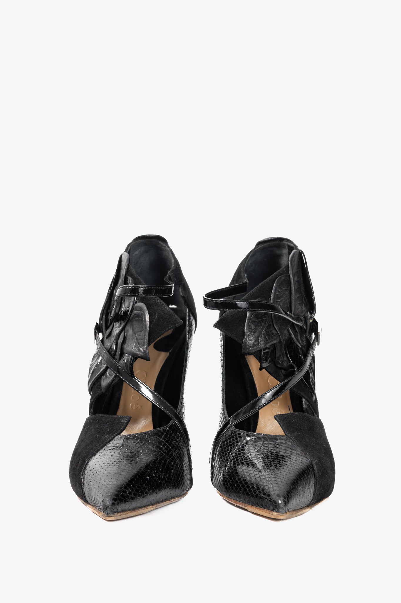 Chloe AW08 Runway Black Snake-Embossed, Suede & Leaf-Applique Heels
