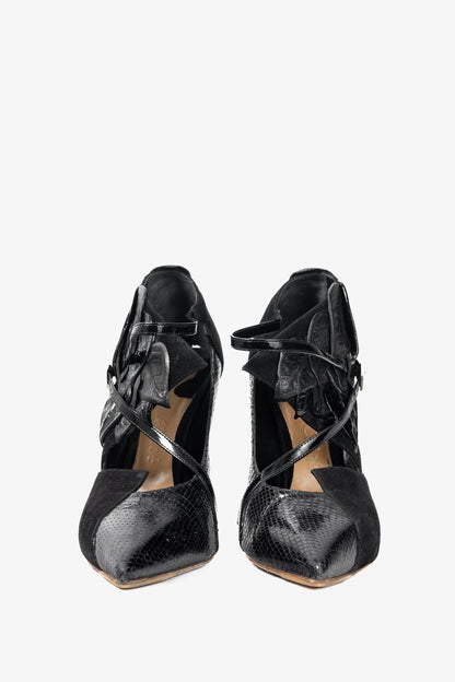 Chloe AW08 Runway Black Snake-Embossed, Suede & Leaf-Applique Heels
