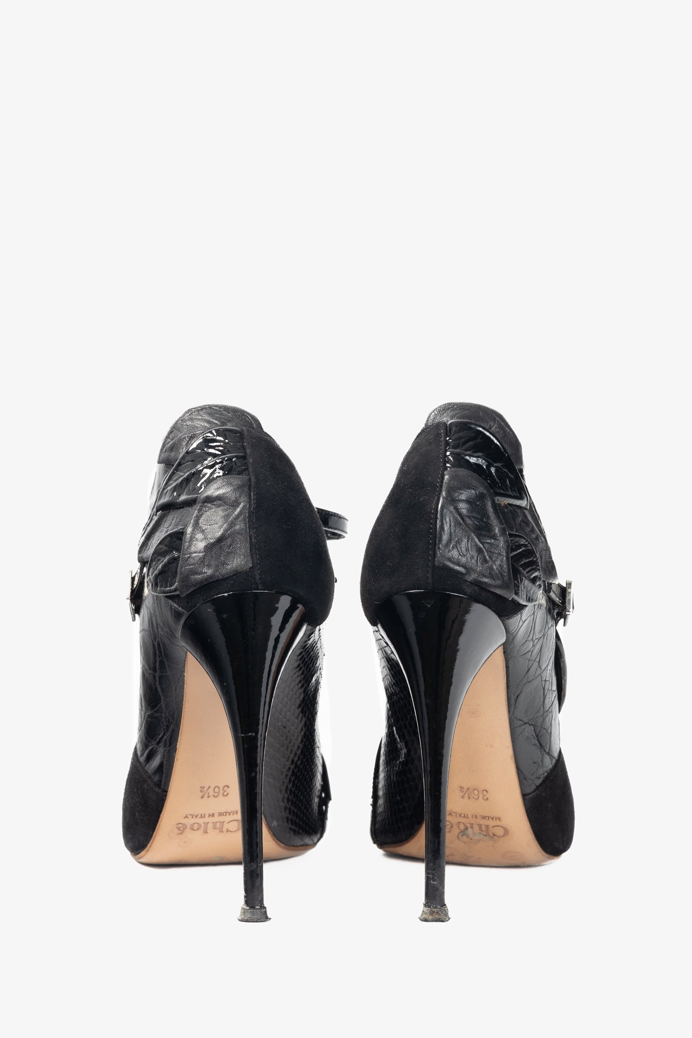 Chloe AW08 Runway Black Snake-Embossed, Suede & Leaf-Applique Heels