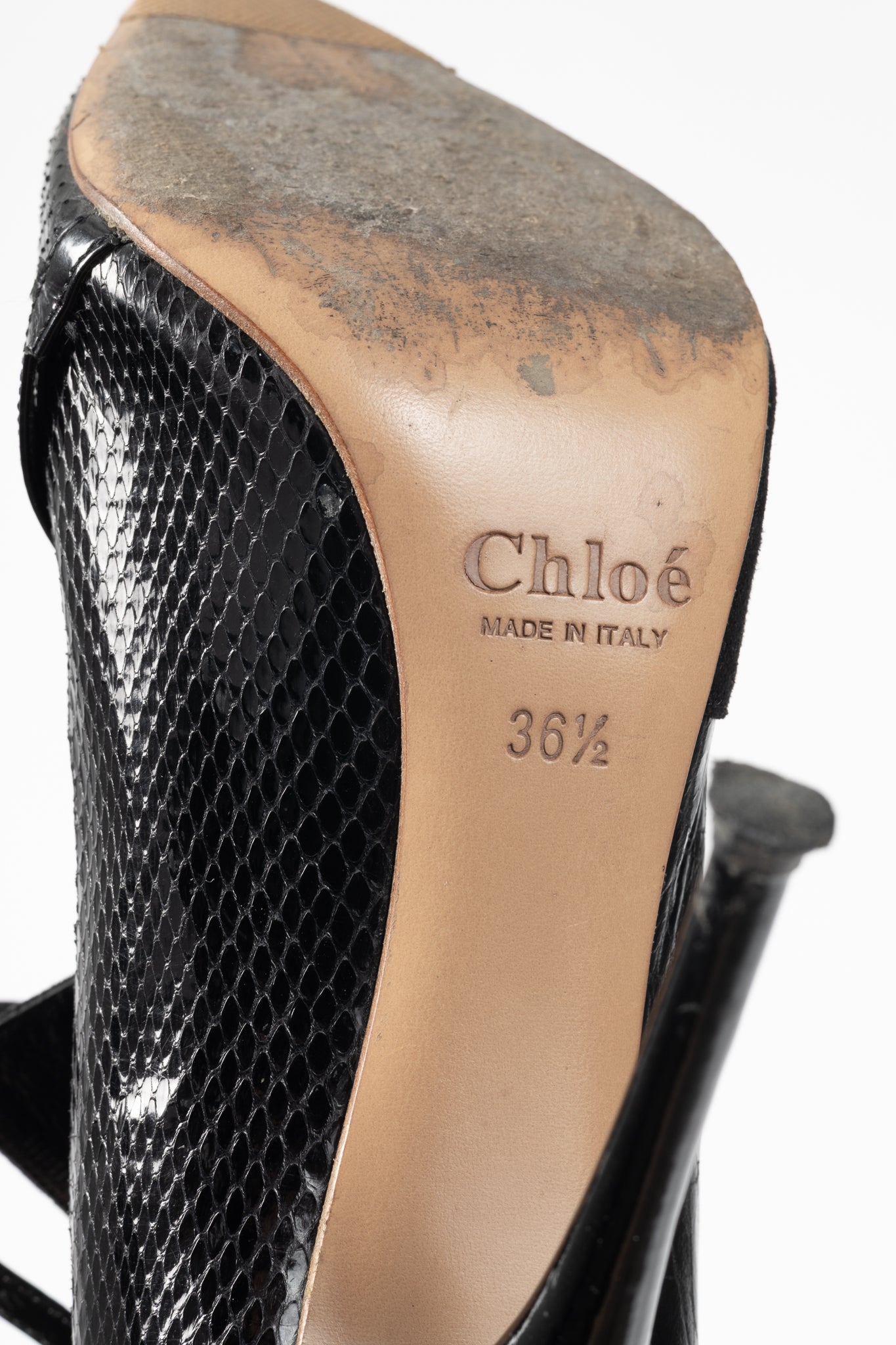Chloe AW08 Runway Black Snake-Embossed, Suede & Leaf-Applique Heels