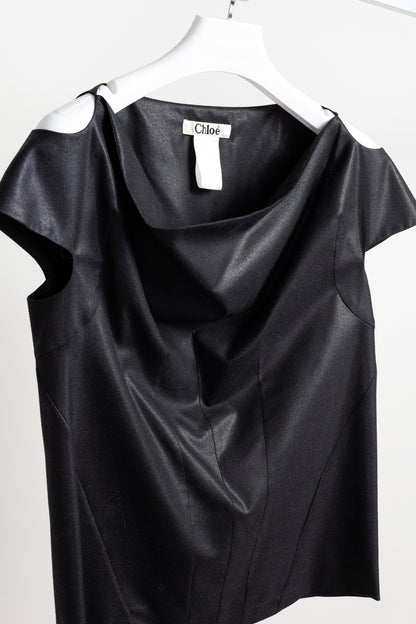 Chloe AW/07 Anthracite Black Wool Sculptural Cap Sleeve Blouse