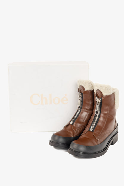 Chloe Roy Bark Brown Leather Zip-Front Shearling Boots