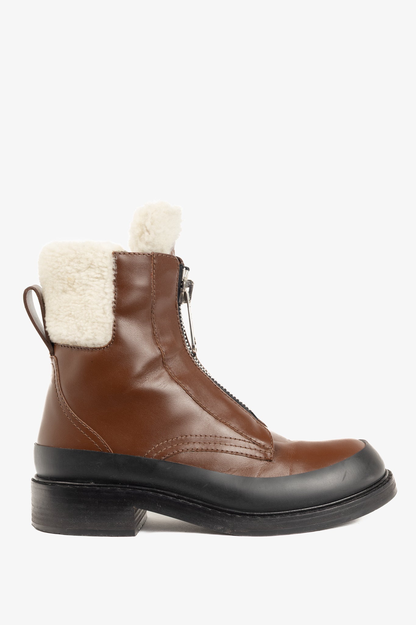 Chloe Roy Bark Brown Leather Zip-Front Shearling Boots