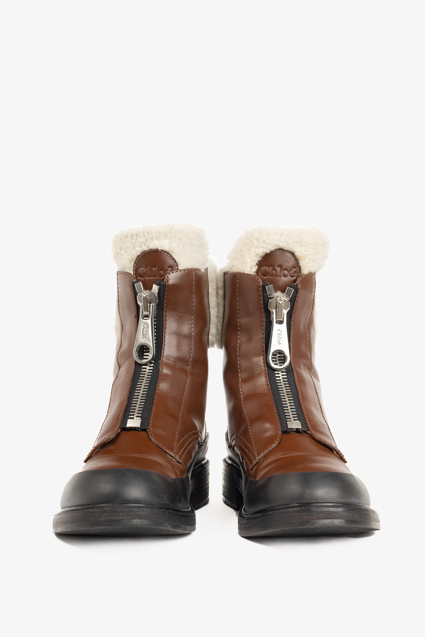 Chloe Roy Bark Brown Leather Zip-Front Shearling Boots