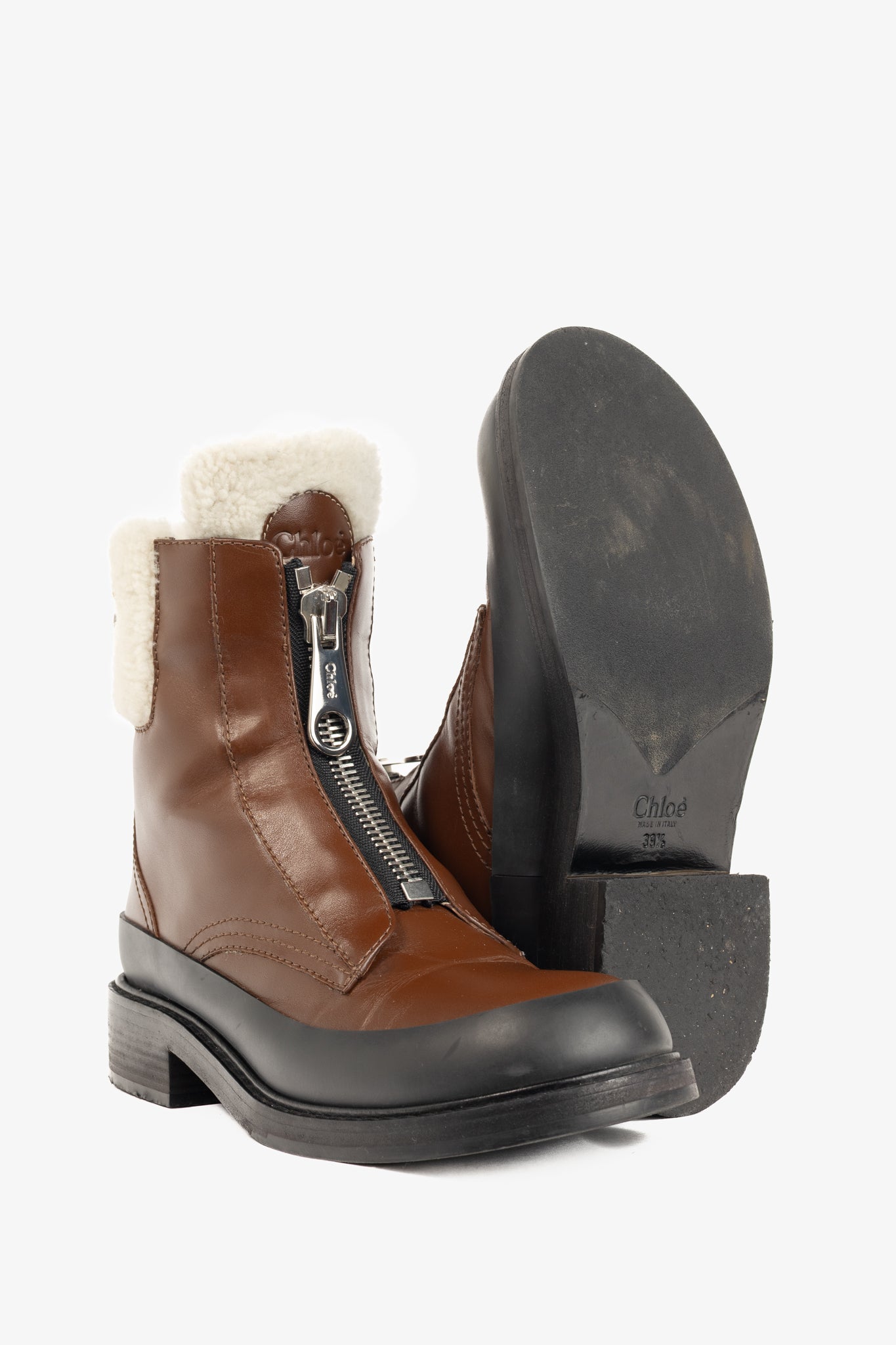 Chloe Roy Bark Brown Leather Zip-Front Shearling Boots