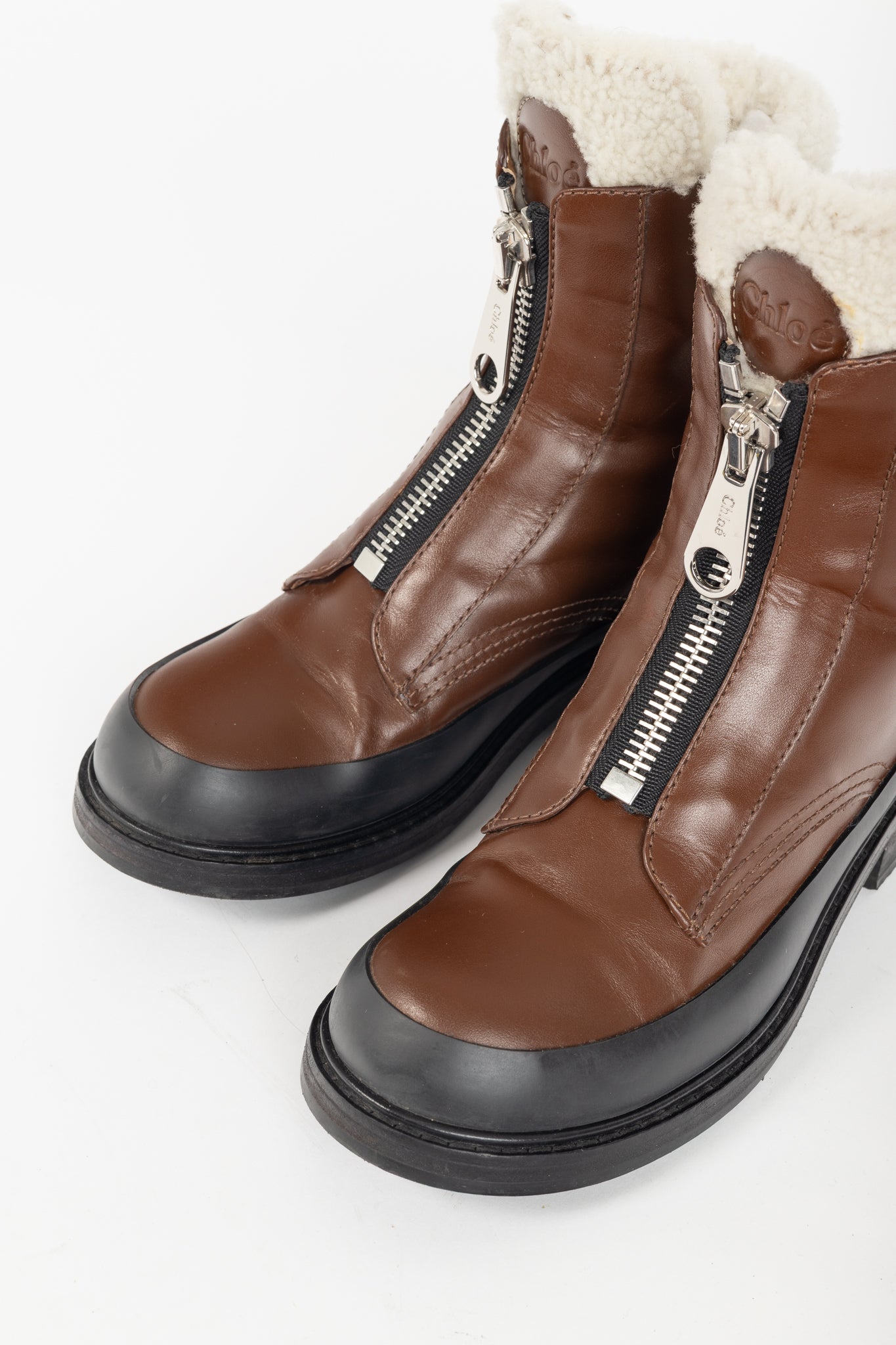 Chloe Roy Bark Brown Leather Zip-Front Shearling Boots