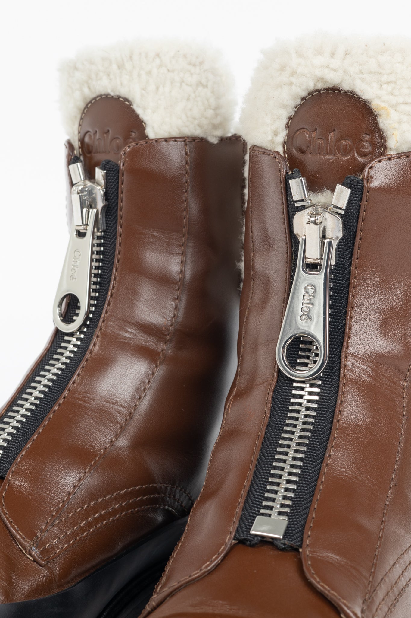 Chloe Roy Bark Brown Leather Zip-Front Shearling Boots