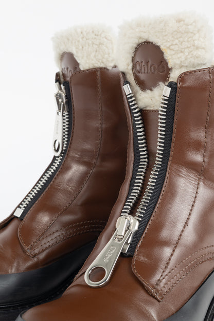 Chloe Roy Bark Brown Leather Zip-Front Shearling Boots