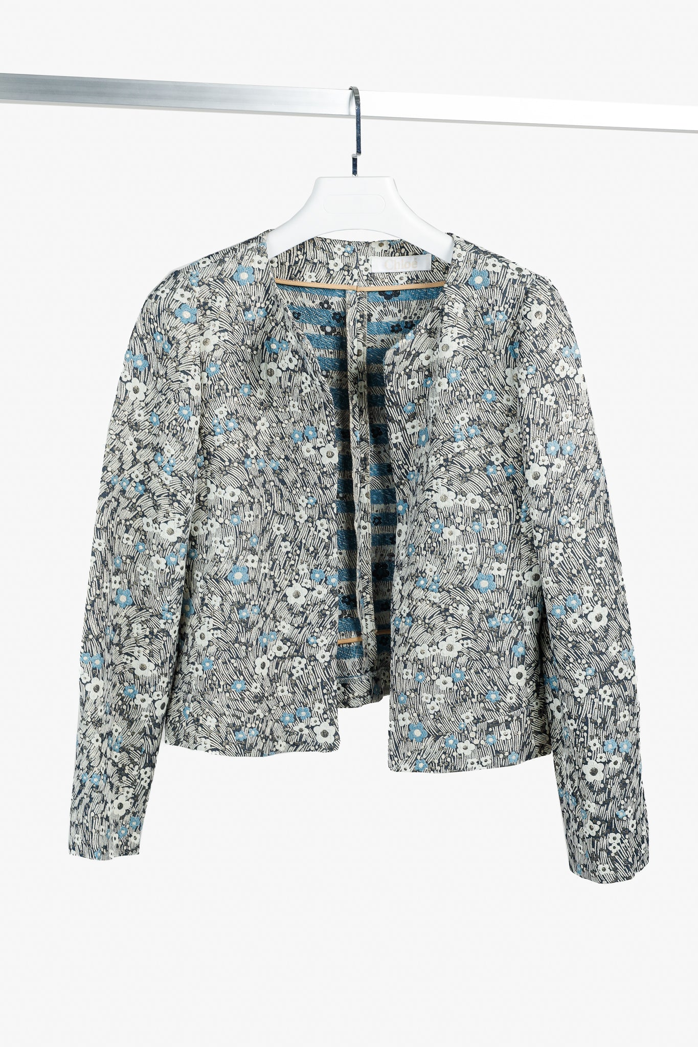 Chloe Blue and Gold Floral Brocade Boxy Cropped Jacket
