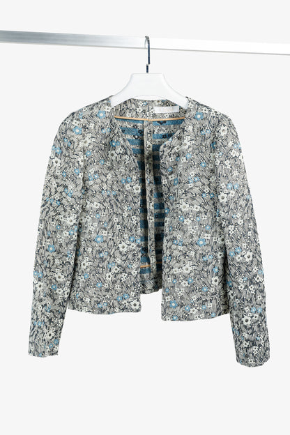 Chloe Blue and Gold Floral Brocade Boxy Cropped Jacket