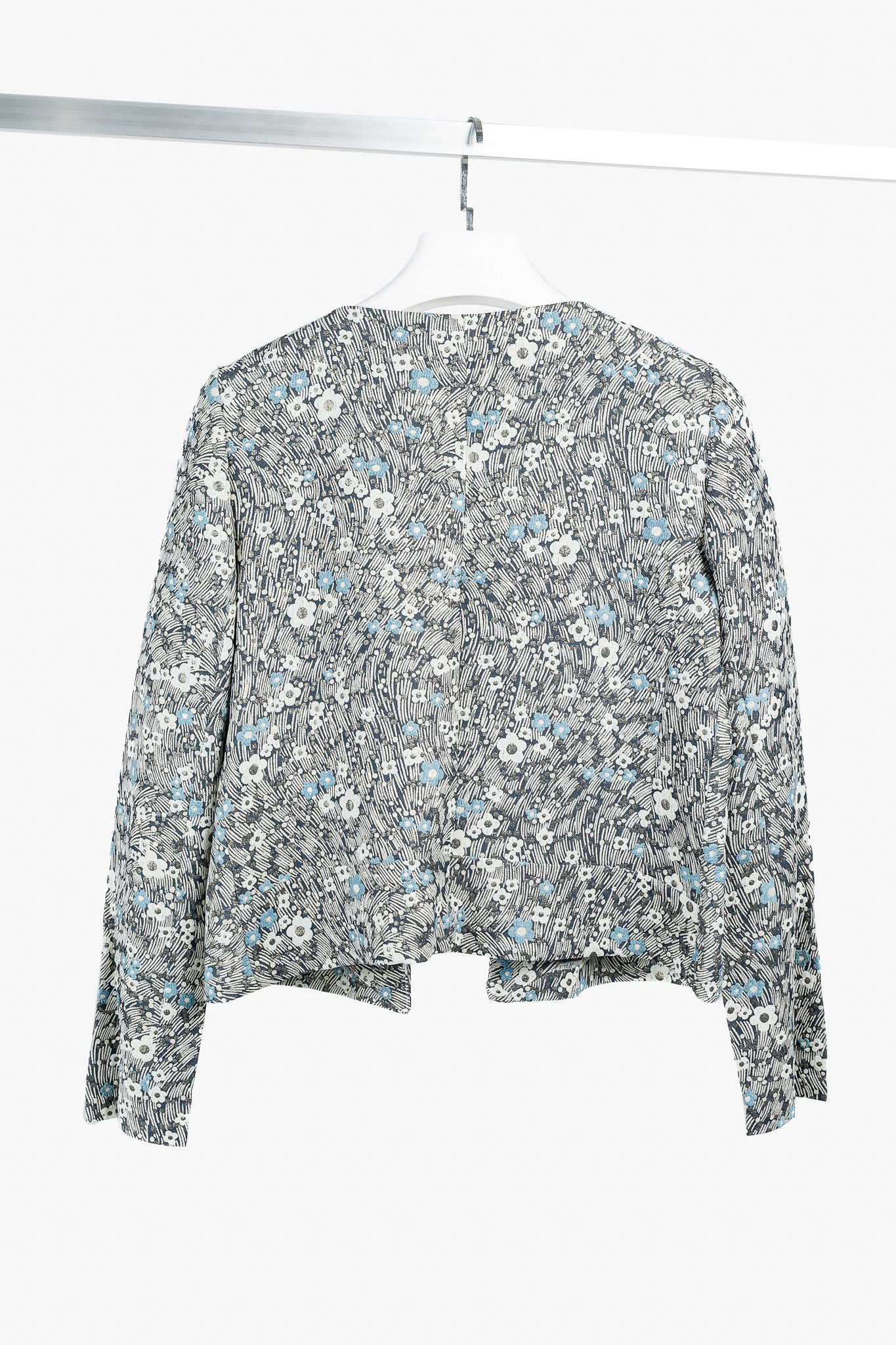 Chloe Blue and Gold Floral Brocade Boxy Cropped Jacket