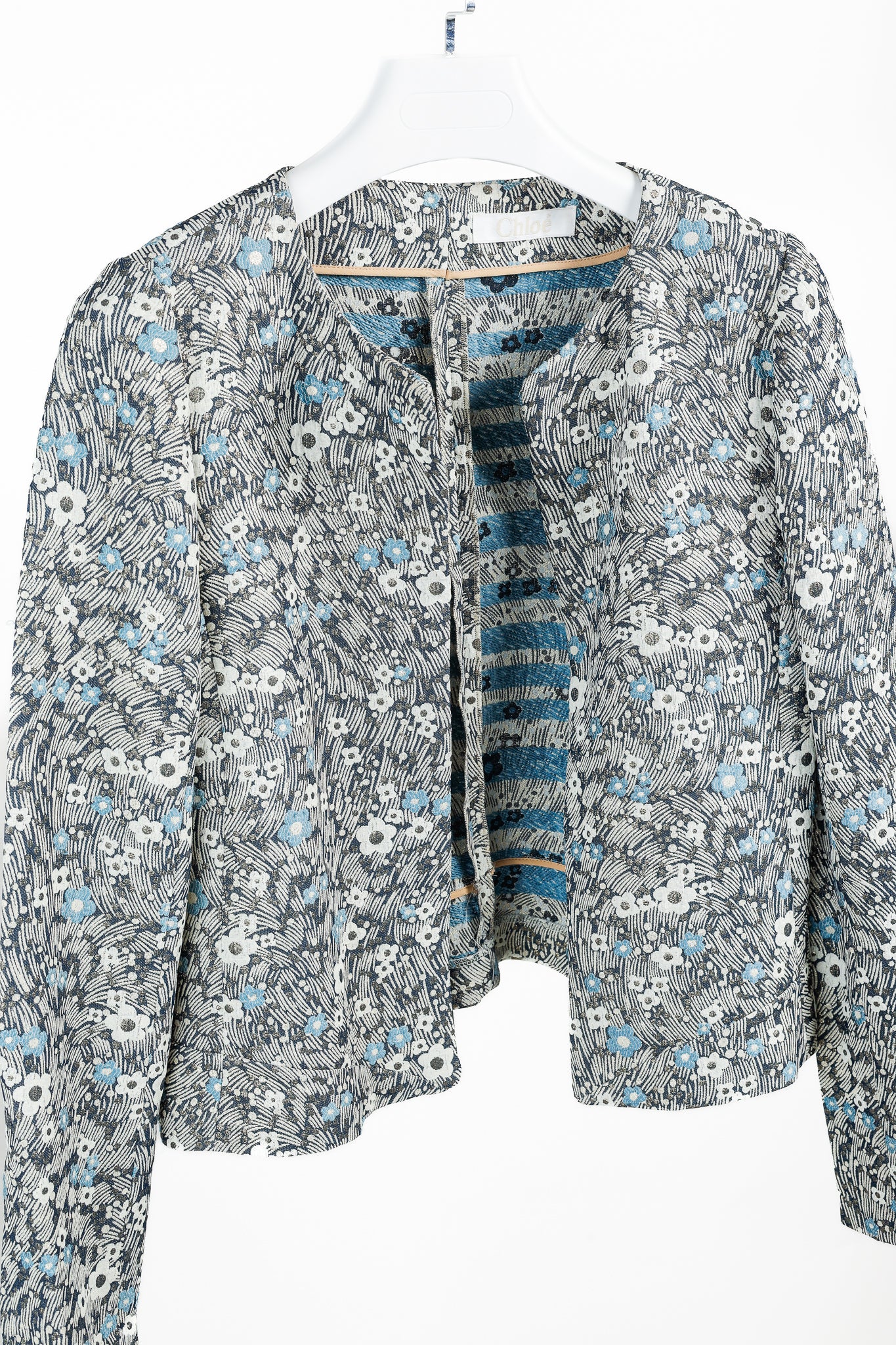 Chloe Blue and Gold Floral Brocade Boxy Cropped Jacket