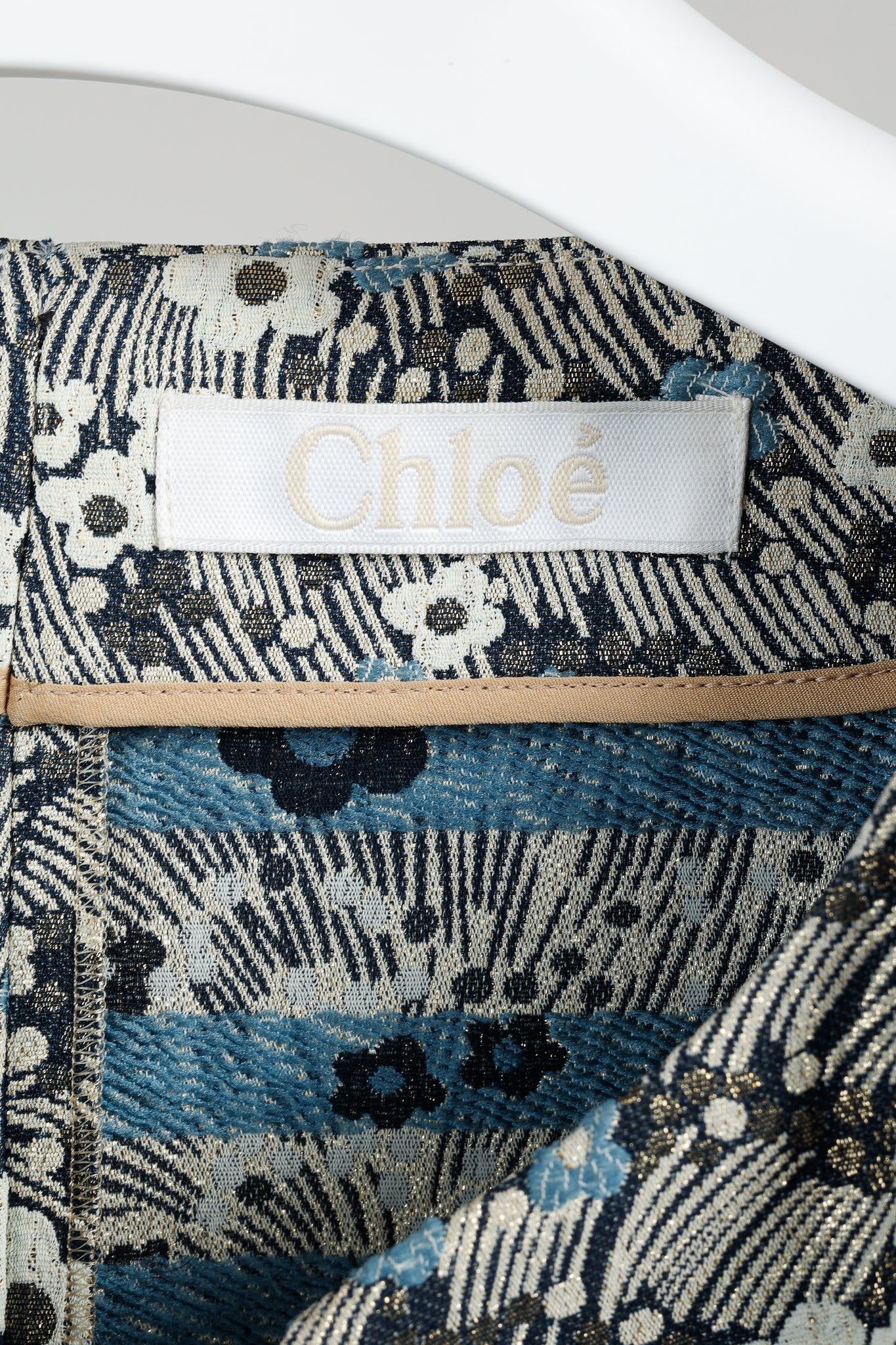 Chloe Blue and Gold Floral Brocade Boxy Cropped Jacket