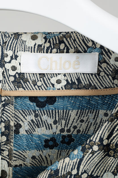Chloe Blue and Gold Floral Brocade Boxy Cropped Jacket