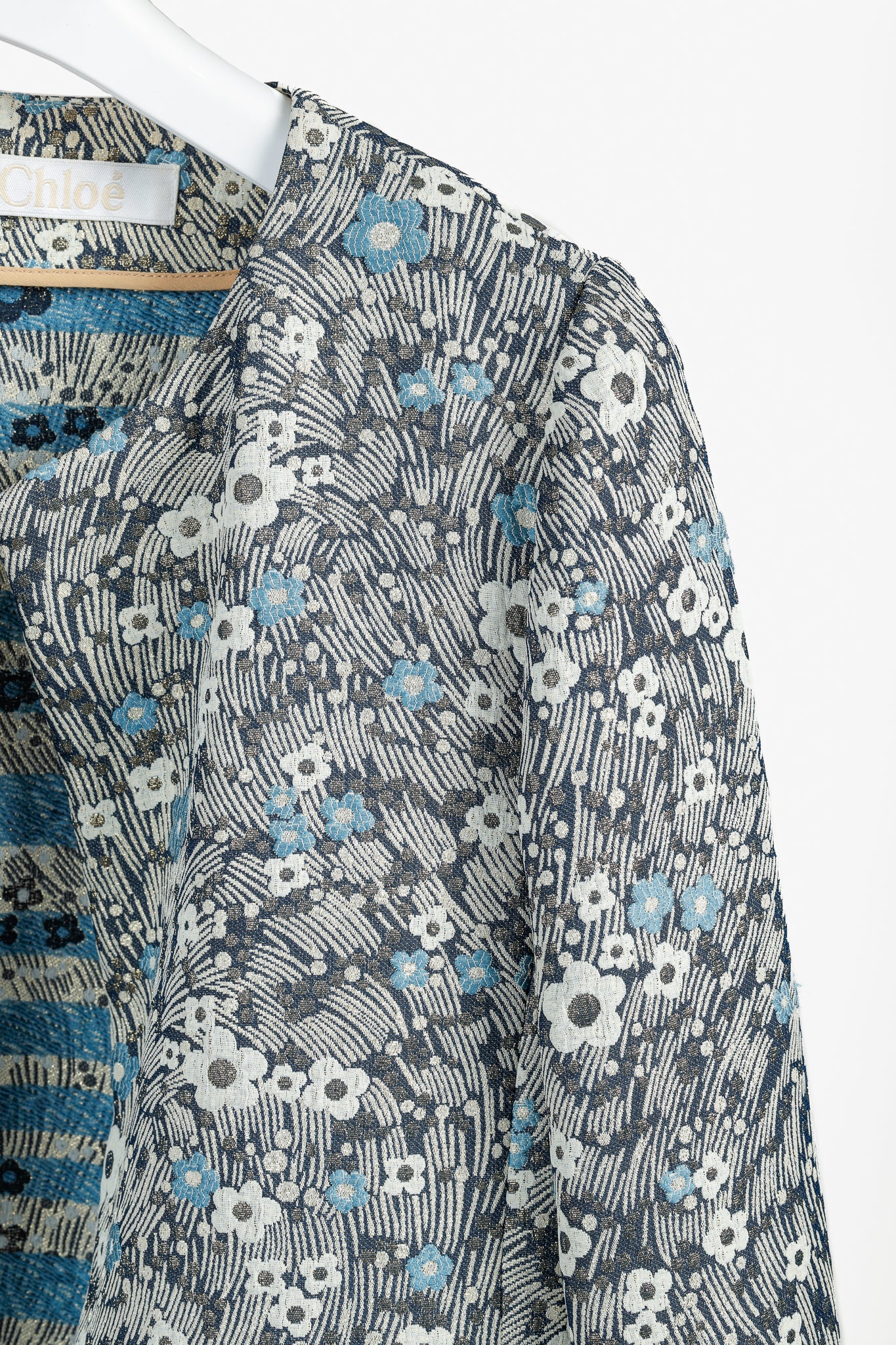 Chloe Blue and Gold Floral Brocade Boxy Cropped Jacket