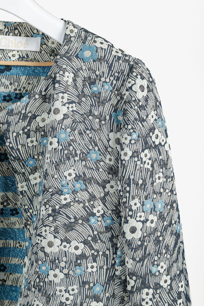 Chloe Blue and Gold Floral Brocade Boxy Cropped Jacket