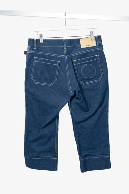 Chloe SS18 Runway Ultramarine Cotton Denim Cropped Circle-Stitch Jeans