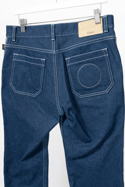 Chloe SS18 Runway Ultramarine Cotton Denim Cropped Circle-Stitch Jeans