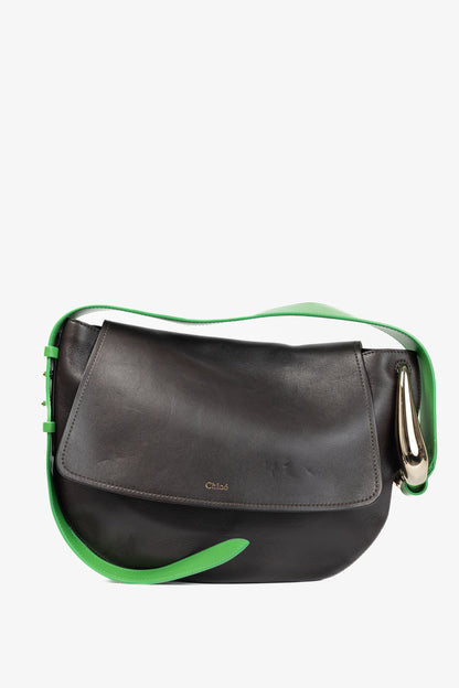 Chloe Kiss "Off Brown" Leather Green-Strap Shoulder Bag