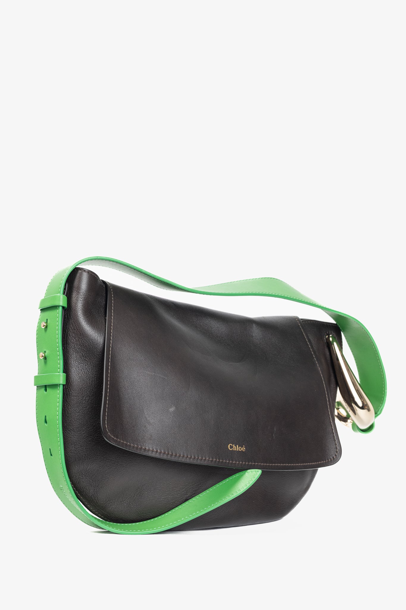 Chloe Kiss "Off Brown" Leather Green-Strap Shoulder Bag