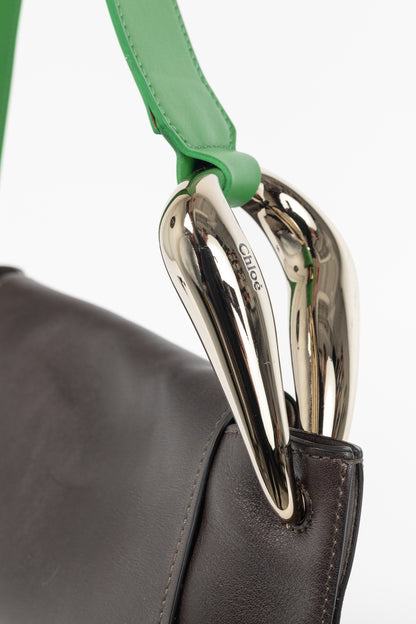 Chloe Kiss "Off Brown" Leather Green-Strap Shoulder Bag