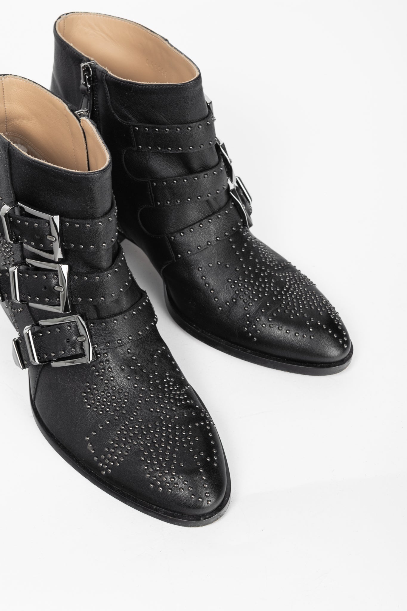 Chloe Susanna Black Studded Buckle Biker Ankle Boots