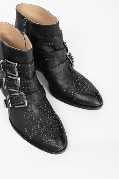 Chloe Susanna Black Studded Buckle Biker Ankle Boots
