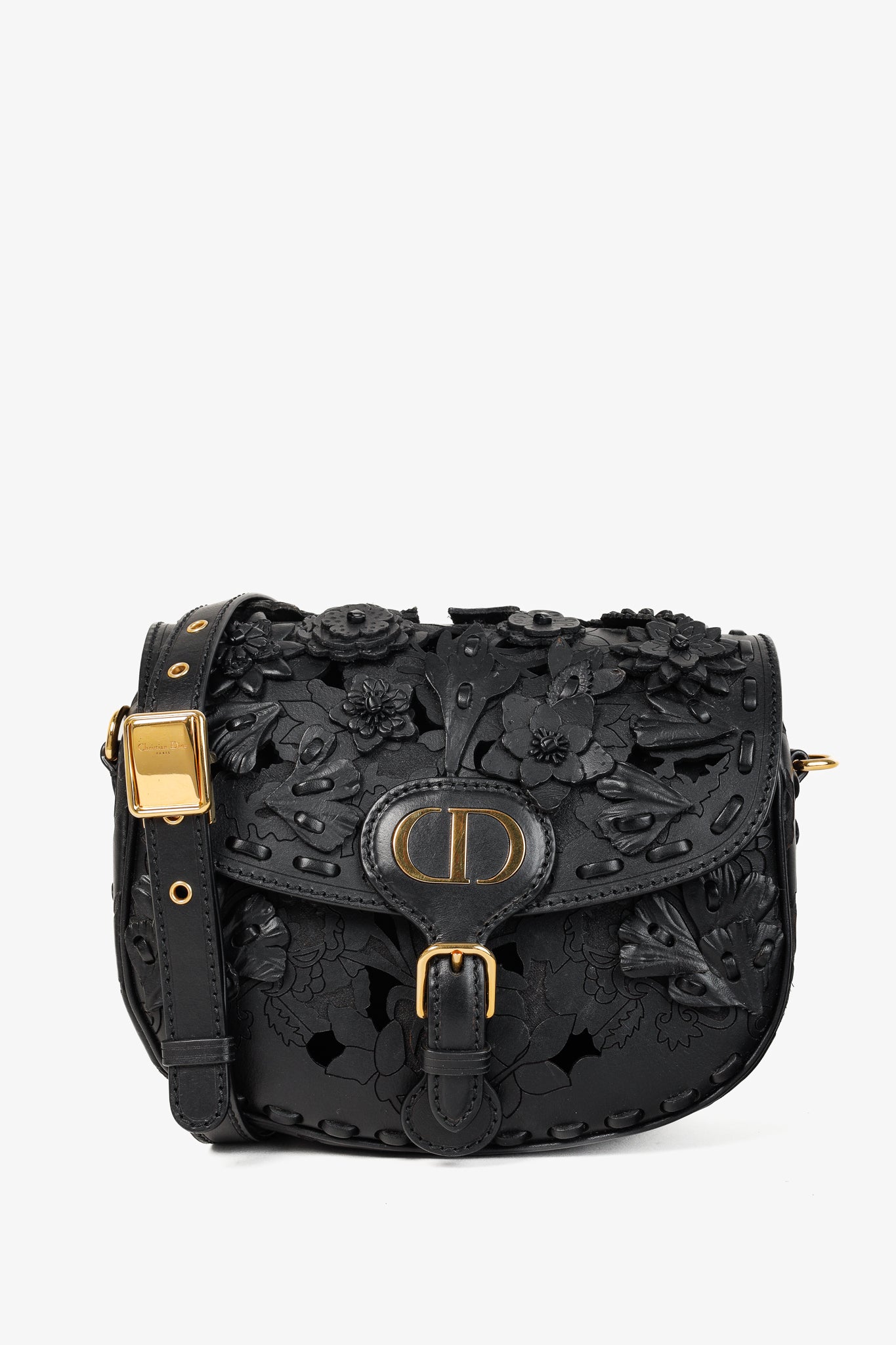 Christian Dior Bobby Medium Black Floral Applique Shoulder Bag