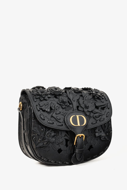 Christian Dior Bobby Medium Black Floral Applique Shoulder Bag