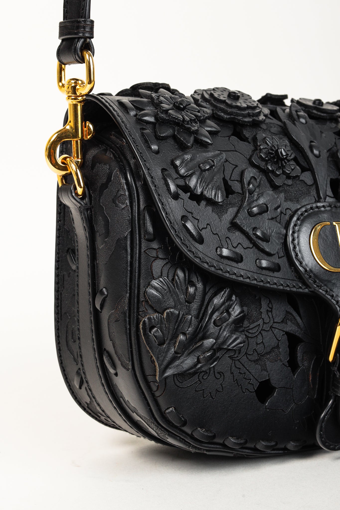 Christian Dior Bobby Medium Black Floral Applique Shoulder Bag