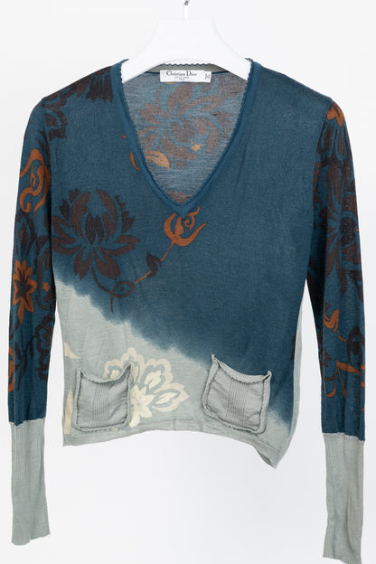 Christian Dior Boutique Teal Wool, Silk, & Cashmere-Blend Floral Cropped Sweater