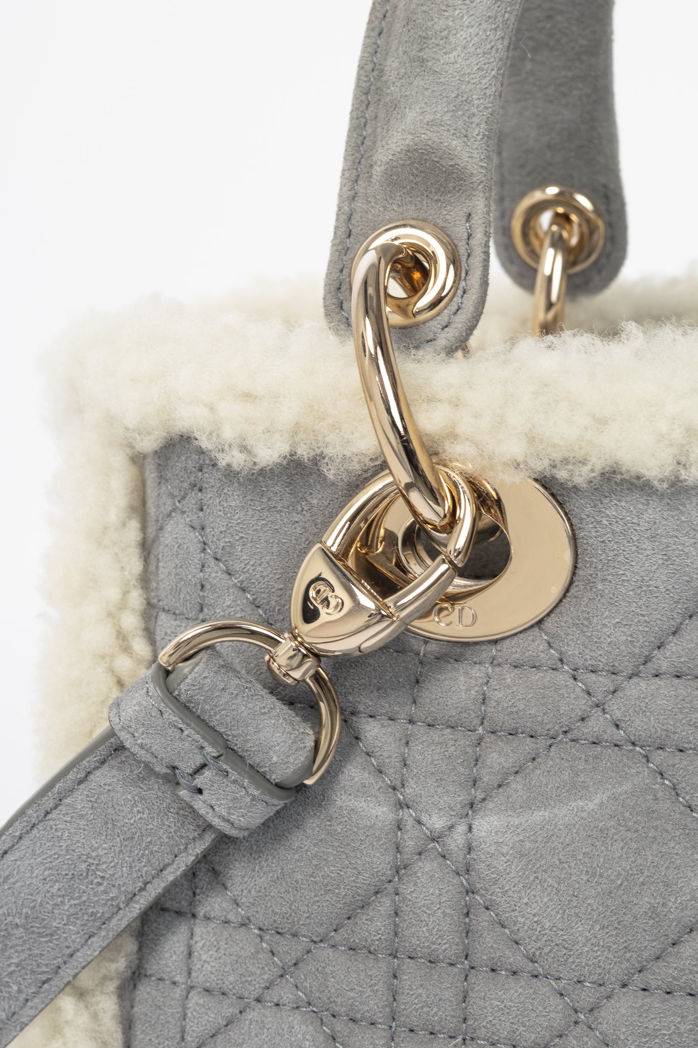 Christian Dior Lady Dior Grey Cannage Suede Shearling Tote