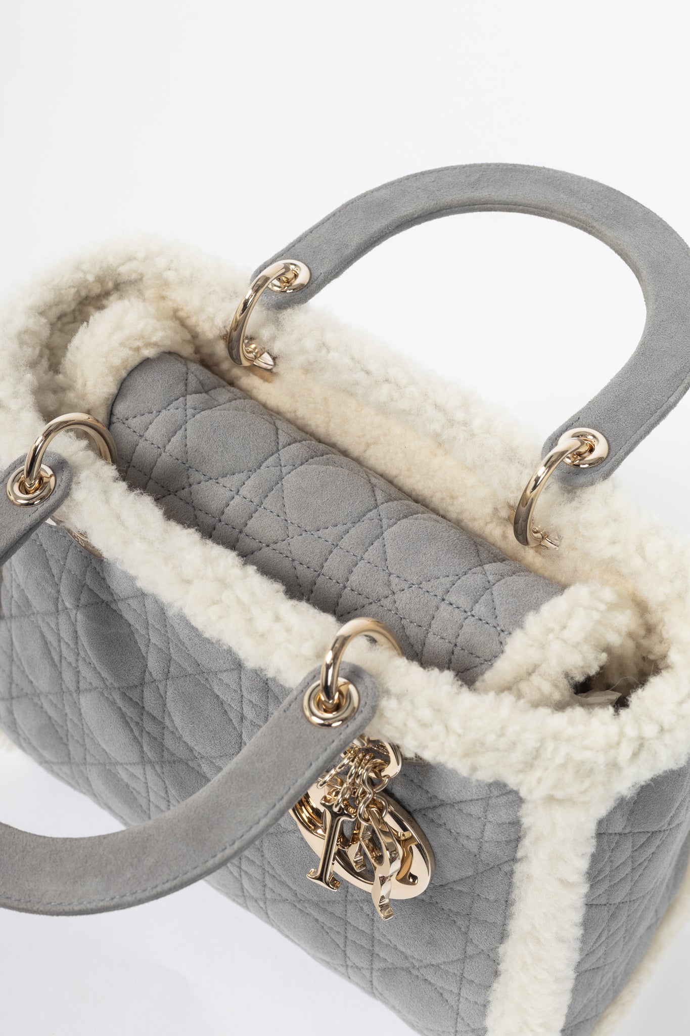 Christian Dior Lady Dior Grey Cannage Suede Shearling Tote