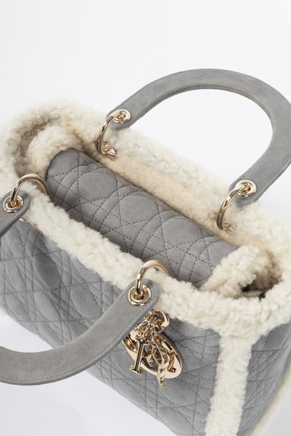 Christian Dior Lady Dior Grey Cannage Suede Shearling Tote