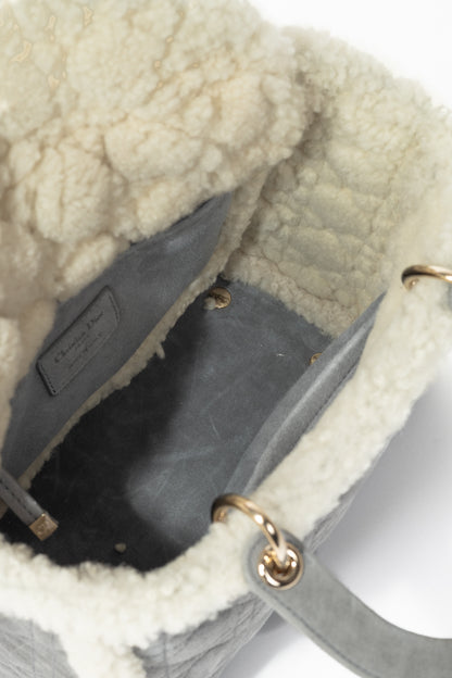 Christian Dior Lady Dior Grey Cannage Suede Shearling Tote