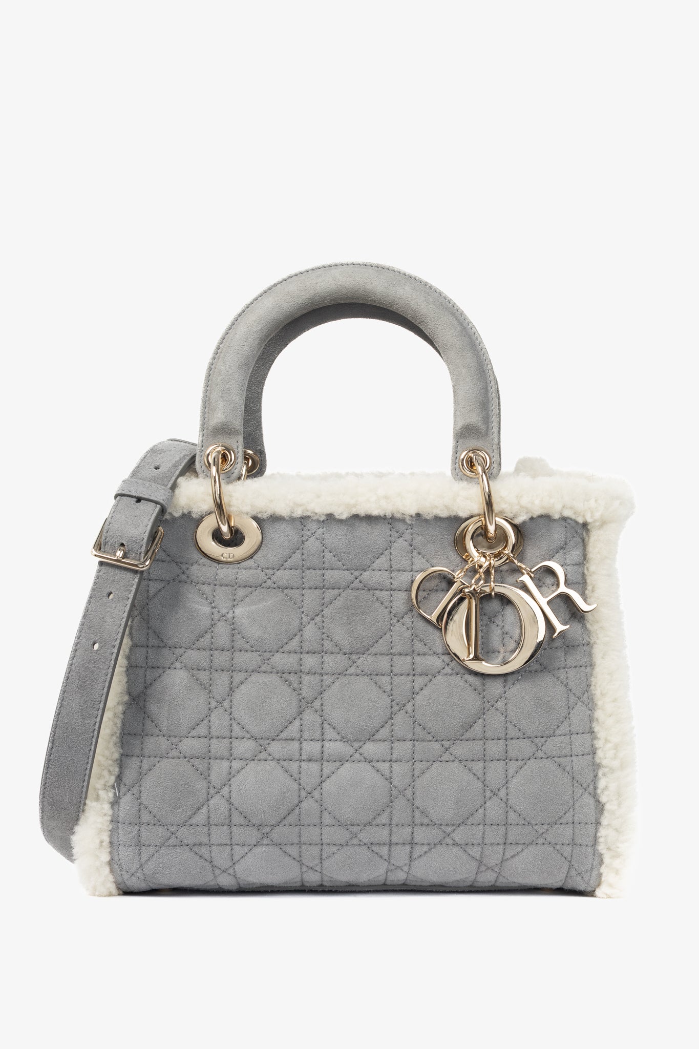 Christian Dior Lady Dior Grey Cannage Suede Shearling Tote