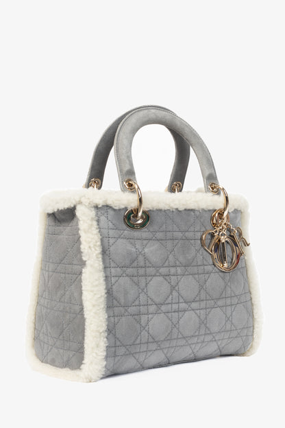 Christian Dior Lady Dior Grey Cannage Suede Shearling Tote