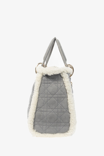 Christian Dior Lady Dior Grey Cannage Suede Shearling Tote