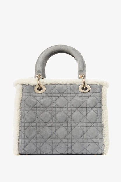 Christian Dior Lady Dior Grey Cannage Suede Shearling Tote