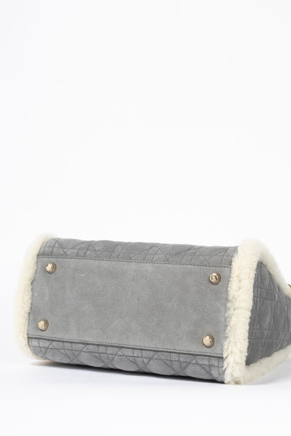 Christian Dior Lady Dior Grey Cannage Suede Shearling Tote