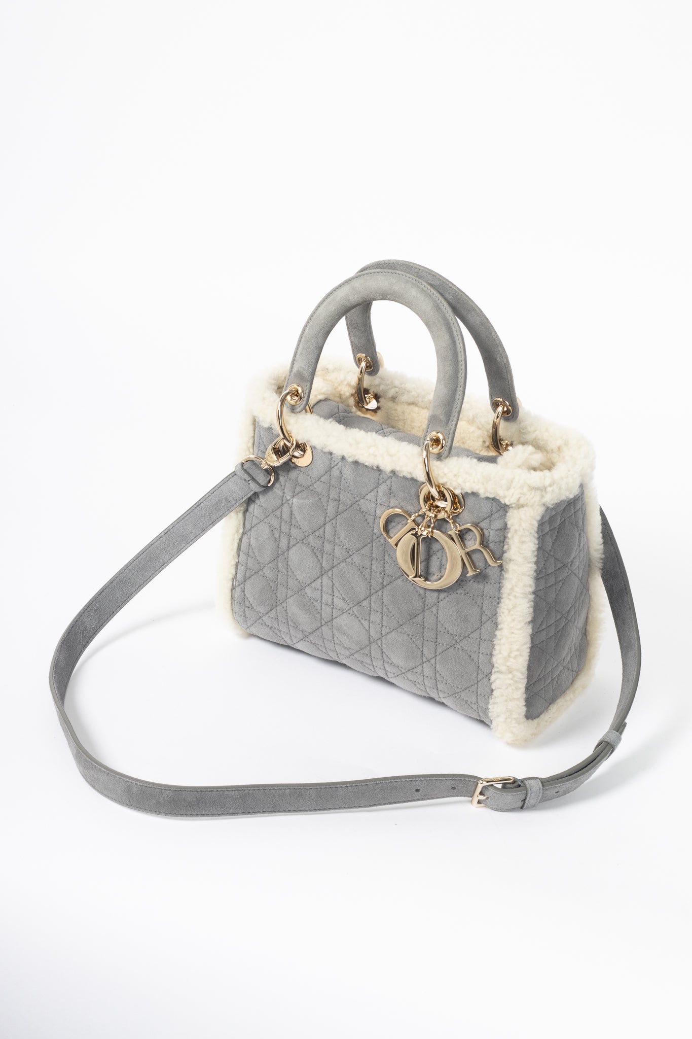 Christian Dior Lady Dior Grey Cannage Suede Shearling Tote