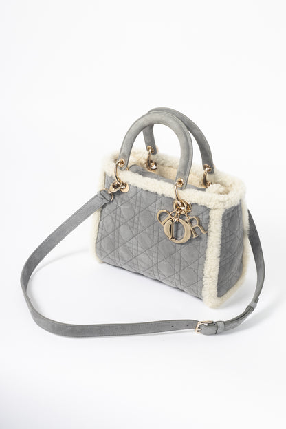 Christian Dior Lady Dior Grey Cannage Suede Shearling Tote