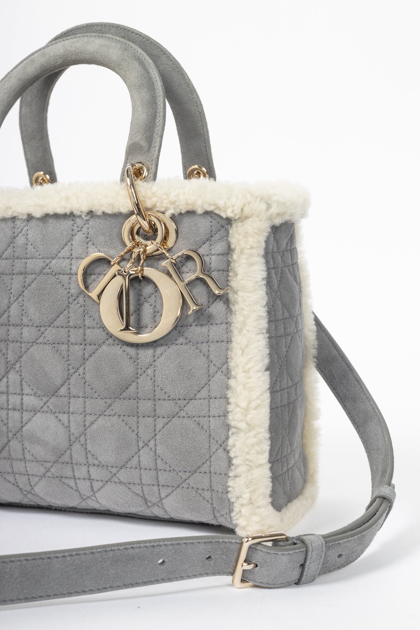 Christian Dior Lady Dior Grey Cannage Suede Shearling Tote
